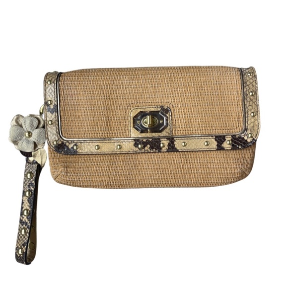 COACH CLUTCH Straw Python Leather Trim Tan Natural Brown Animal Print Wr… - Picture 1 of 14